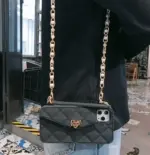 Handbag phone Case with Soft Silicone Chain for Women with Handstrap & Long Pearl Crossbody Chain