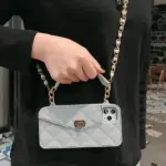 Handbag phone Case with Soft Silicone Chain for Women with Handstrap & Long Pearl Crossbody Chain