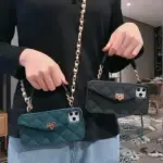 Handbag phone Case with Soft Silicone Chain for Women with Handstrap & Long Pearl Crossbody Chain