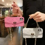 Handbag phone Case with Soft Silicone Chain for Women with Handstrap & Long Pearl Crossbody Chain