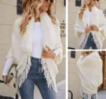 Winter Knit Fringe Fur Collar Shawl - Image 2