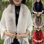 Winter Knit Fringe Fur Collar Shawl